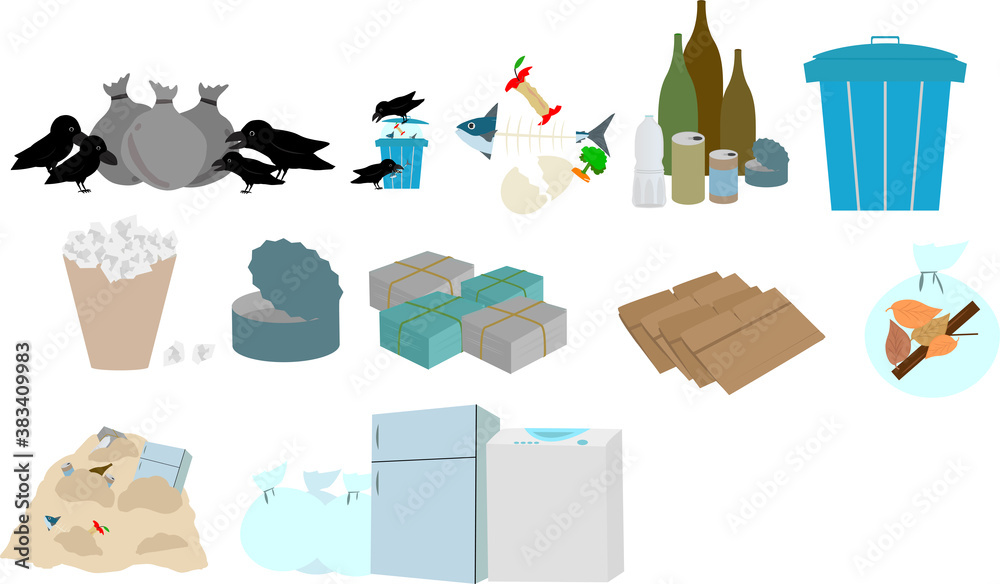生ゴミ 空き瓶 段ボール 紙他ゴミのイラストセット Bin Wall Mural B Foolchico 生ゴミ 空き瓶 段ボール 紙他ゴミのイラストセット Bin Wall Mural B Foolchico