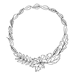 Wall Mural - Wreath of autumn leaves. Round frame. Wreath of autumn leaves. Doodle freehand illustration. Round frame. Black outline on a white background.