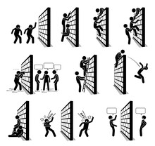 People With A Wall Stick Figures Pictogram Icons. Vector Illustration Of People Climbing Over A Wall, And Standing On The Other Side Of The Wall.