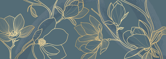 Wall Mural - Luxury green magnolia background vector with golden metallic decorate wall art