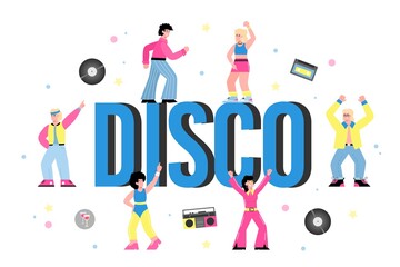 Disco big inscription and dancing people cartoon characters flat vector illustration isolated on white background. Banner for disco retro dance and music party.