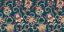Fantasy Flowers Seamless Paisley Pattern. Floral Ornament, For Fabric, Textile, Cards, Wrapping Paper, Wallpaper Template.