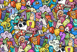 Fototapeta Młodzieżowe - Kawaii doodle smiling monsters seamless pattern for child prints, designs and coloring books. Panda bear, candy, flower, owl, rabbit, tea