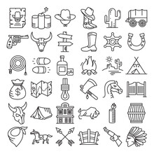 Cowboy And West Life Icons Line Vector Illustration