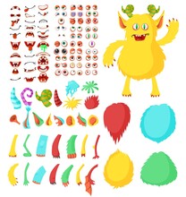 Cute Monster Cartoon Character Constructor Kit, Flat Vector Isolated Illustration. Funny Animal And Creature Body Parts. Alien Eyes, Ears, Horns, Mouths, Teeth, Legs, Hands, Tails For Monster Creation