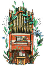A Church Organ With Flowers, Leaves And Houses. Hand Drawn Colored Pencils Illustraion.