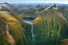 Amazing Aerial View Of Mountain Lake Quill And Sutherland Falls On The Scenic Flight From Milford Sound To Queenstown, Fiordland, New Zealand