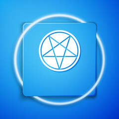 Poster - White Pentagram in a circle icon isolated on blue background. Magic occult star symbol. Blue square button. Vector Illustration.