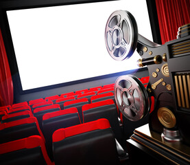 Wall Mural - Vintage cinema projector in cinema theater. 3D illustration