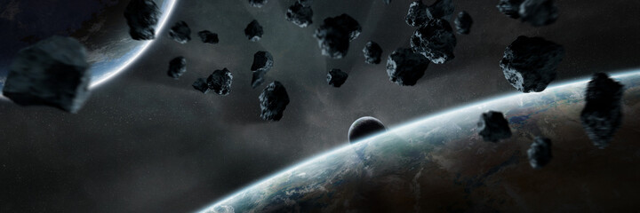 Leinwandbilder - Panoramic space planets background. Panorama of distant solar system with exoplanets 3D rendering elements of this image furnished by NASA