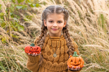 Wall Mural - A little girl holds two pumpkins in her hands.