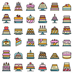 Poster - Cake icons set. Outline set of cake vector icons thin line color flat on white