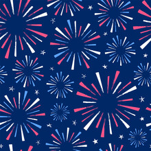 4th Of July Seamless Pattern With Fireworks Isolated On Blue Background. Hand Drawn Illustration. 