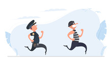 A Policeman Runs After A Thief. The Criminal Escapes From The Policeman.  Cartoon Style. Vector.