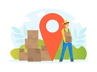 Sticker - Male Workers Delivering Parcel Boxes, Delivery Service, E-commerce Concept Vector Illustration