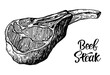 Beef, pork or lamb Red meat hand drawn sketch. Engraved raw food illustration. Butcher shop product. Prime rib steak vector illustration. Vintage style,can be used for logo, label, restaurant menu