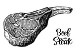 Fototapeta Łazienka - Beef, pork or lamb Red meat hand drawn sketch. Engraved raw food illustration. Butcher shop product. Prime rib steak vector illustration. Vintage style,can be used for logo, label, restaurant menu