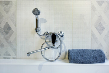 Sticker - water tap sink with faucet in expensive loft bathroom. detail of a corner shower cabin with wall mount shower attachment