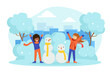 © topvectors - Children Dressed in Winter Clothing Making Snowmen in Winter Landscape, Outdoor Activity During Winter Holidays Vector Illustration
