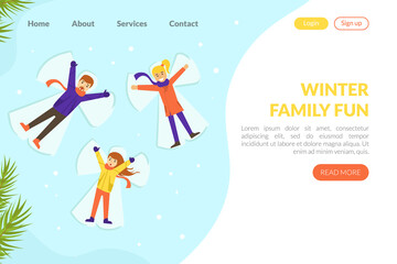 Poster - Winter Family Fun Landing Page Template, Winter Family Fun Landing Page Template, Winter Holidays Website, People in Warm Clothes Making Snow Angels Vector Illustration