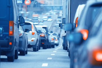 Wall Mural - day traffic traffic jam in the city on the highway cars / transport concept, city traffic metropolis view landscape