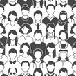 © Phoenix Icons - Crowd of people vector seamless pattern. Monochrome background with diverse unrecognizable business men, woman glyph icons. Black white color silhouette illustration