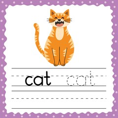 Poster - Learning to write words flashcard. Three letters word - Cat. Tracing exercise flash card