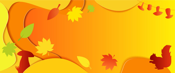 Wall Mural - Horizontal bright autumn background. Orange Autumn with falling leaves. place under text for flyers, leaflet, banner. Vector illustrations, paper art and digital crafts style.