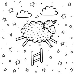 Wall Mural - Coloring page for kids with a cute sheep jumping over the fence. Counting sheep black and white background