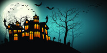 Halloween Party Poster With Haunted Castle. Illustrator Vector Eps 10