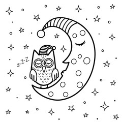 Canvas Print - Coloring page for kids with a cute sleeping moon and owl. Good night black and white fantasy background