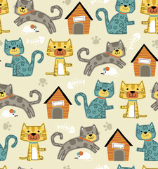 Wall Mural - Seamless pattern vector of funny cats cartoon