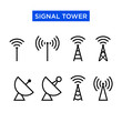 Icon set of signal tower. Suitable for design elements of telecom companies, telephony transmitting equipment, and cellular signal device. Radio antenna transmitter icon set.