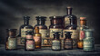 © Tryfonov - Bottles with drugs from old medical, chemical and pharmaceutical glass. Chemistry and pharmacy history concept background. Retro style. Chemical substances.