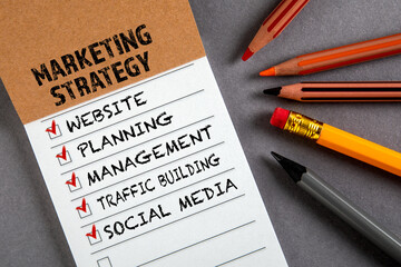 Canvas Print - MARKETING STRATEGY. Website, Planning, Management and Social Media concept. To do list. Notepad with pencils