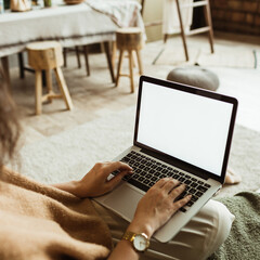 Young woman work on laptop with blank display screen with mockup copy space. Modern home living room interior design. Work at home concept.