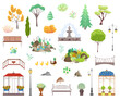 Park decor elements vector illustration set. Cartoon flat city park garden landscape items collection of street light lamps and benches, fountain decoration, gazebo among trees icons isolated on white