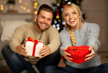 Wall Mural - Happy couple celebrating Christmas together at home