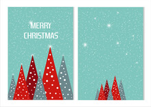 Christmas Card With Red And Blue Christmas Trees And Snowflakes. Vector Illustration. 