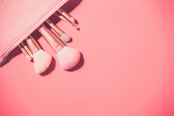 Canvas Print - Make up brushes with powder on pink background