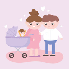 Canvas Print - pregnancy and maternity, dad and pregnant mom with baby in pram