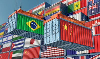 Wall Mural - Freight containers with Brazil and China national flags. 3D Rendering