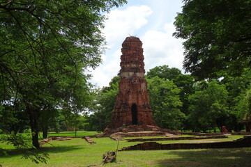 Temple Stupa between trees in unesco world heritage site Ayutthaya historical park Thailand