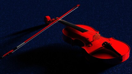 Red classic violin on dark blue asphalt-surfaced road under spot lighting background. 3D sketch design and illustration. 3D high quality rendering.