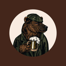 Grizzly Bear With A Beer Mug. Brewer With A Glass Cup. Fashion Animal Character. A Wild Beast In A Newsboy S Cap. Hand Drawn Sketch. Vector Engraved Illustration For Logo And Tattoo Or T-shirts.