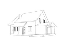 3D Suburban House Model. Drawing Of The Modern Building. Cottage Project On White Background. Interesting Vector Blueprint.