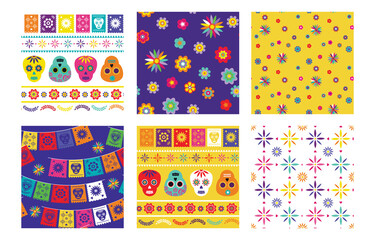 Day of the dead, Dia de los muertos, seamless patterns with traditional colorful Mexican patterns. Fiesta, holiday poster, party flyer, funny greeting card.