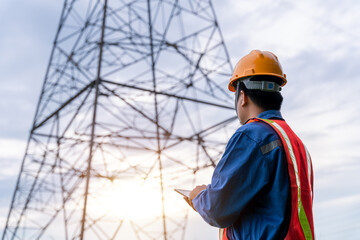 Wall Mural - electrical engineer wear safety clothes standing and watching at the electric power station to view 