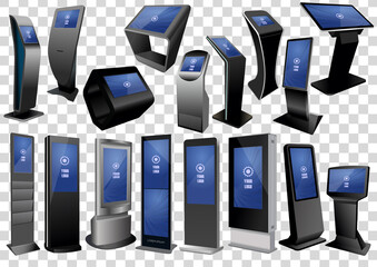 Set of Promotional Interactive Information Kiosk, Advertising Display, Terminal Stand, Touch Screen Display isolated on transparent background. Mock Up Template.