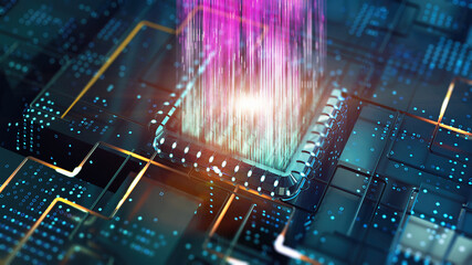 Wall Mural - virtual data transmission futuristic computer technology cpu processor on database circuit board